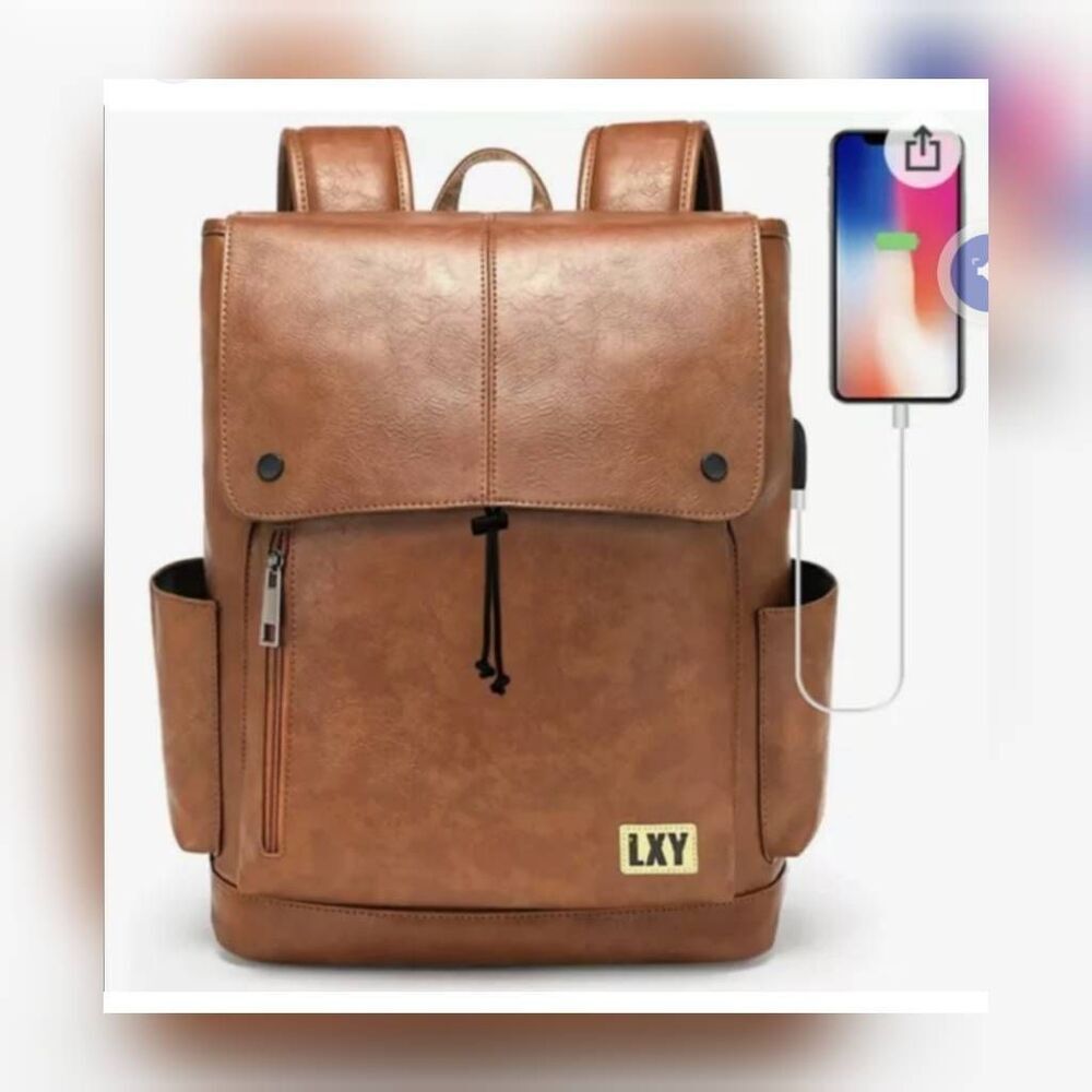 LXY large vegan leather backpack w/charging port